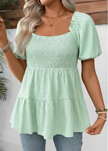 women clothes image of Light Green Striped Patchwork Short Sleeve Square Neck Blouse