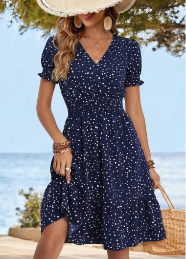women clothes image of Navy Polka Dot Short Sleeve V Neck Dress