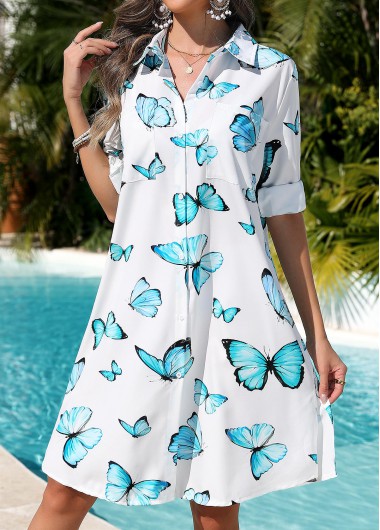 women clothes image of Pocket Butterfly Print White Cover Up