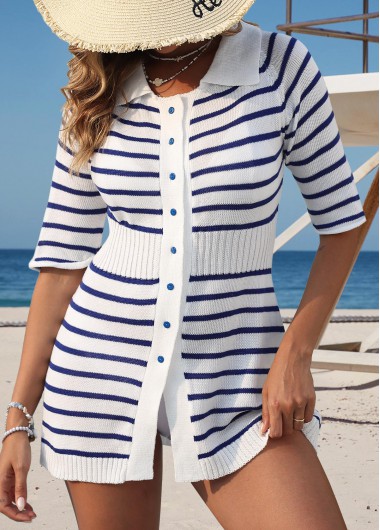 women clothes image of Striped Half Sleeve Blue Cover Up