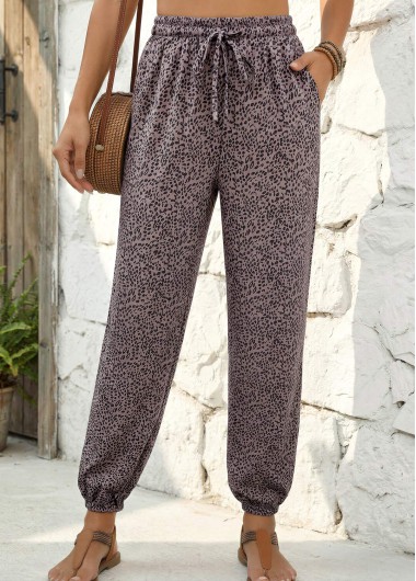 women clothes image of Gray Brown Leopard Jogger Elastic Waist High Waisted Pants