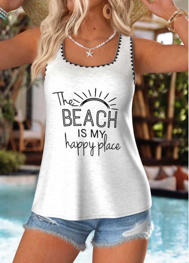 women clothes image of Raw White Letter Print Curved Hem Sleeveless Tank Top