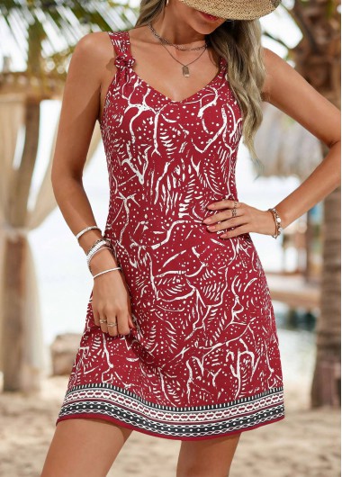 women clothes image of Red Leaf Print Short Tie Sleeveless V Neck Dress