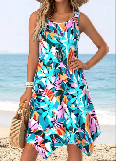 women clothes image of Multi Color Leaf Print Handkerchief Hem Sleeveless Dress