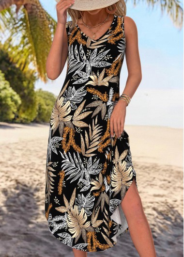 women clothes image of Black Leaf Print Curved Hem Sleeveless V Neck Dress