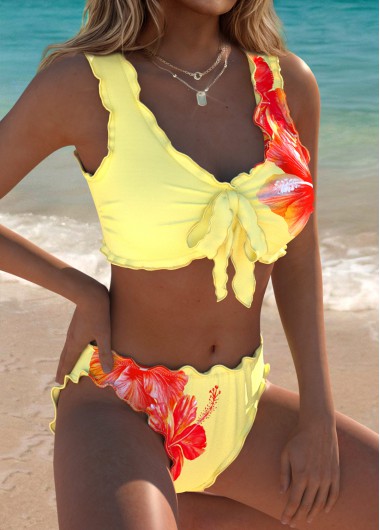 women clothes image of Pull On Light Yellow Floral Print Bikini Set