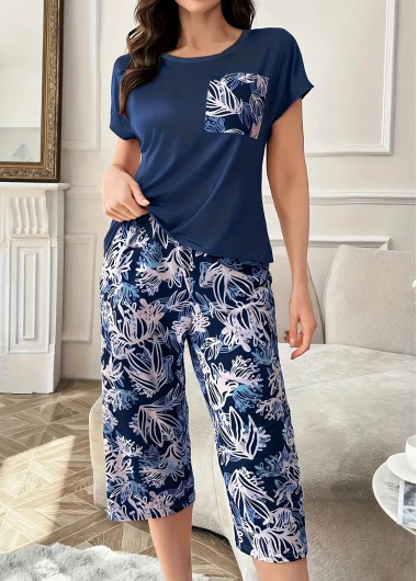 women clothes image of Navy Plants Print Short Sleeve Lounge Top and Pants
