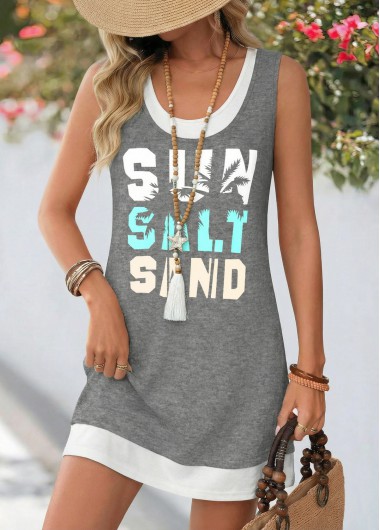 women clothes image of Dark Grey Marl Letter Print Patchwork Sleeveless Dress