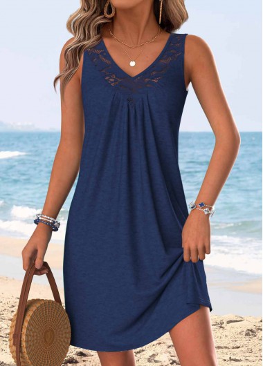 women clothes image of Cyan Short Shirred Sleeveless V Neck Dress