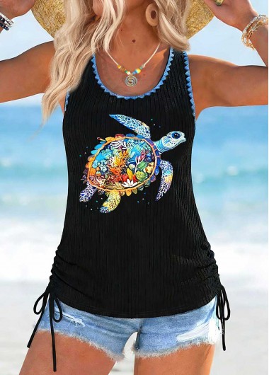 women clothes image of Black Marine Life Print Tummy Coverage Sleeveless Tank Top