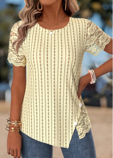 women clothes image of Light Yellow Asymmetry Short Sleeve Round Neck T Shirt