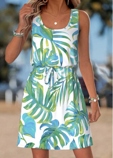 women clothes image of Light Green Tropical Plants Print Short Belted Sleeveless Dress