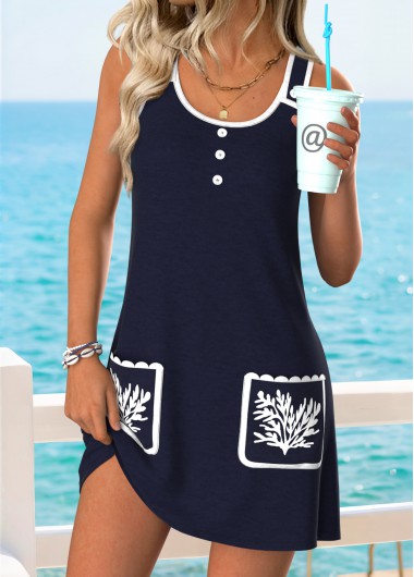 women clothes image of Navy Marine Life Print Short Patch Pocket Sleeveless Dress