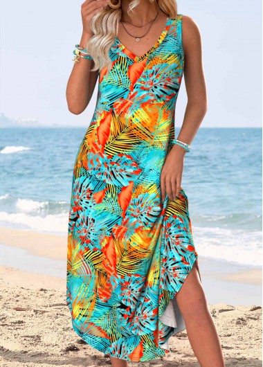 women clothes image of Multi Color Tropical Plants Print Tummy Coverage Sleeveless Dress