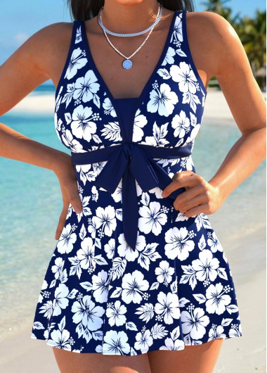 women clothes image of Navy High Waisted Bowknot Floral Print Tankini Set