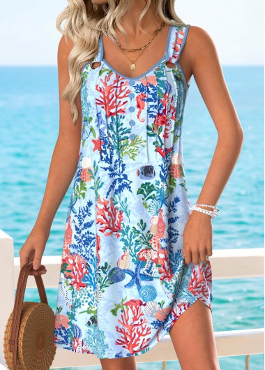 women clothes image of Blue Marine Life Print Short Tummy Coverage Sleeveless Dress