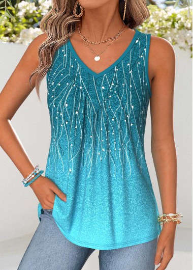 women clothes image of Turquoise Ombre Patchwork Sleeveless V Neck Tank Top