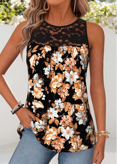 women clothes image of Black Floral Print Patchwork Sleeveless Round Neck Tank Top