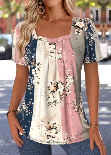 women clothes image of Multi Color Random Floral Print Tummy Coverage T Shirt