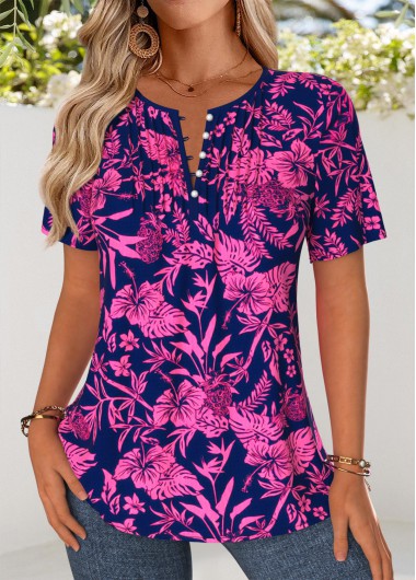 women clothes image of Hot Pink Floral Print Tuck Stitch Short Sleeve Blouse