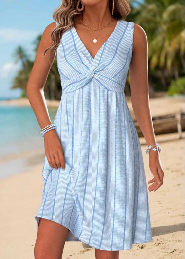 women clothes image of Light Blue Short Shirred Sleeveless V Neck Dress
