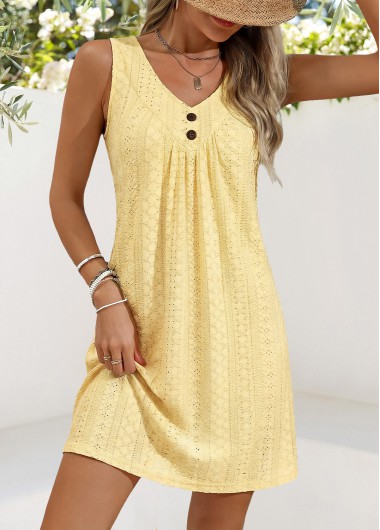 women clothes image of Light Yellow Short Shirred Sleeveless V Neck Dress