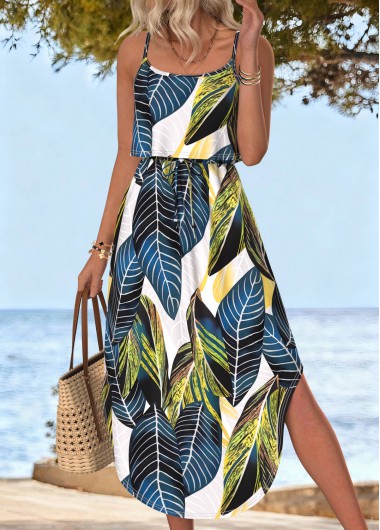 women clothes image of Multi Color Leaf Print Bowknot Strappy Round Neck Dress