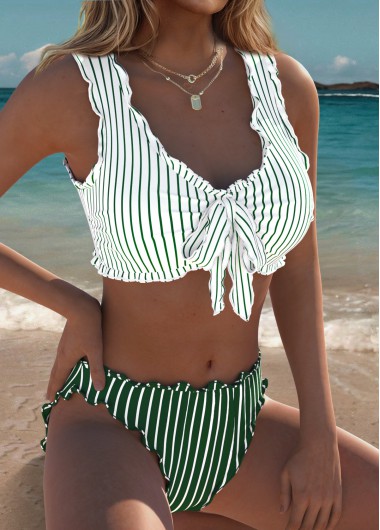 women clothes image of Light Green Mid Waisted Bowknot Striped Bikini Set