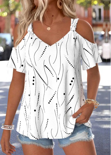 women clothes image of Raw White Geometric Print Twist Short Sleeve T Shirt