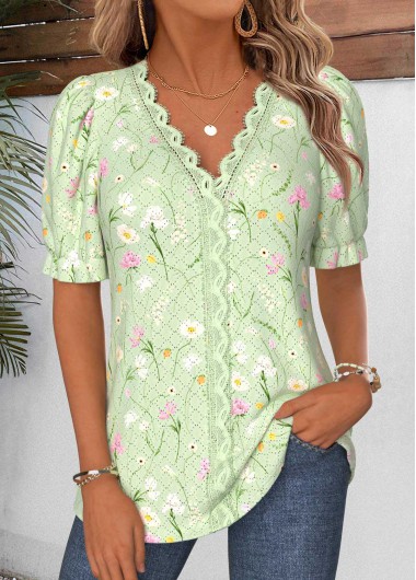 women clothes image of Light Green Floral Print Patchwork Short Sleeve Blouse
