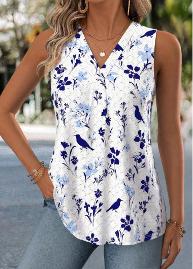 women clothes image of White Ditsy Floral Print Curved Hem Sleeveless Tank Top
