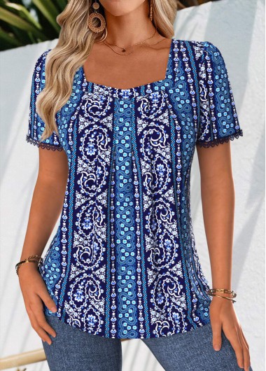 women clothes image of Navy Paisley Print Pleated Short Sleeve T Shirt