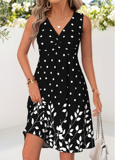 women clothes image of Black Polka Dot Short Shirred Sleeveless V Neck Dress