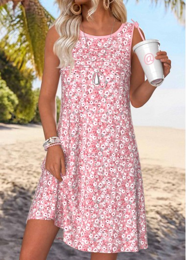 women clothes image of Pink Ditsy Floral Print Short Tuck Stitch Sleeveless Dress