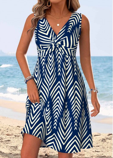 women clothes image of Navy Geometric Print Short Shirred Sleeveless V Neck Dress