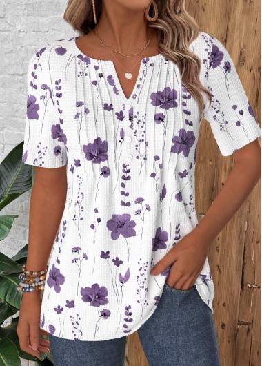 women clothes image of White Floral Print Tuck Stitch Short Sleeve T Shirt