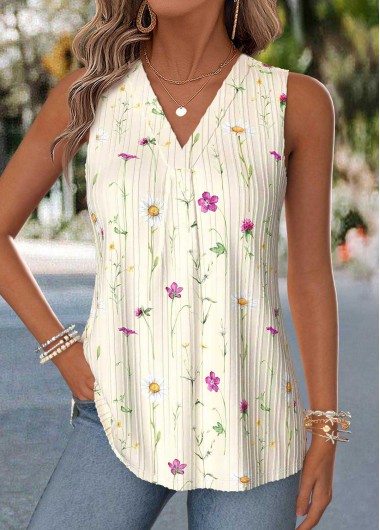 women clothes image of Beige Floral Print Curved Hem Sleeveless Tank Top