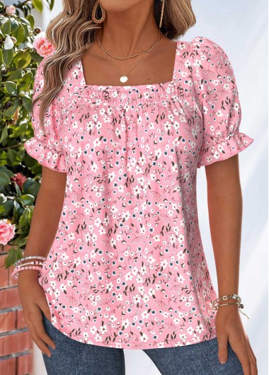 women clothes image of Pink Ditsy Floral Print Curved Hem T Shirt