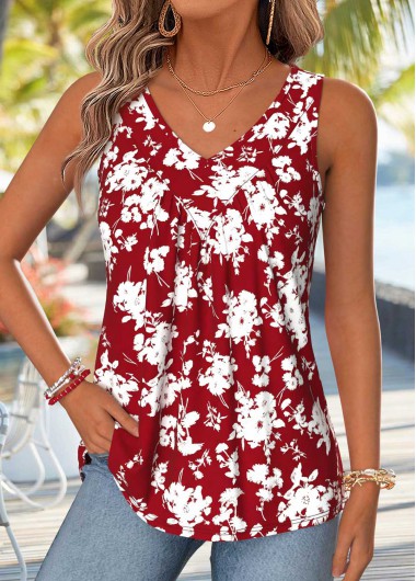 women clothes image of Red Floral Print Patchwork Sleeveless V Neck Tank Top