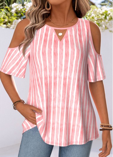 women clothes image of Light Pink Striped Belted Half Sleeve T Shirt