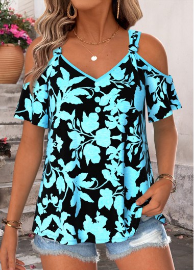 women clothes image of Cyan Floral Print Belted Half Sleeve T Shirt