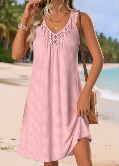 women clothes image of Pink Short Shirred Sleeveless V Neck Dress