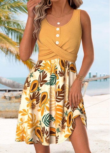 women clothes image of Yellow Floral Print Short Tummy Coverage Sleeveless Dress