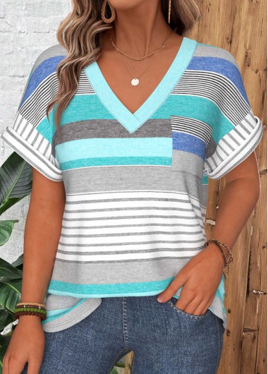 women clothes image of Blue Multi Stripe Print Curved Hem T Shirt