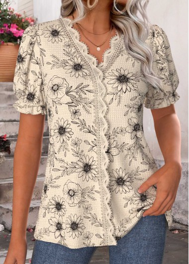 women clothes image of Light Camel Floral Print Patchwork Short Sleeve T Shirt