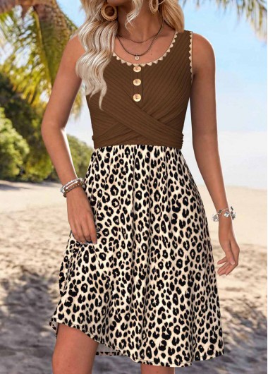 women clothes image of Dark Coffee Leopard Shirred Sleeveless Round Neck Dress