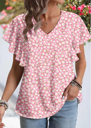 women clothes image of Pink Ditsy Floral Print Patchwork Short Sleeve Blouse