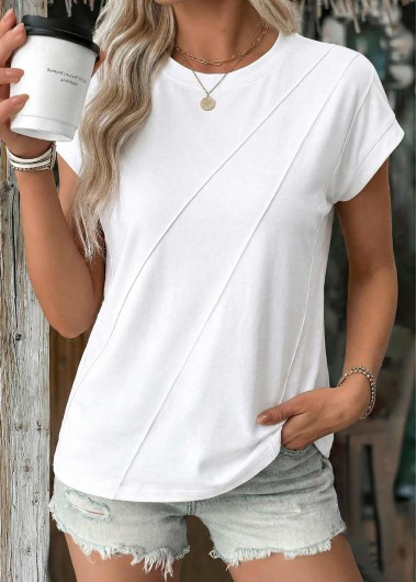 women clothes image of White Tuck Stitch Short Sleeve Round Neck T Shirt