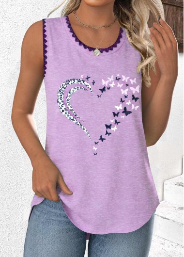 women clothes image of Light Purple Heart Print Curved Hem Sleeveless Tank Top