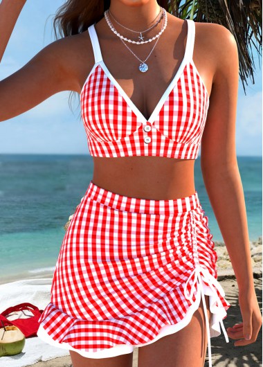 women clothes image of Red Mid Waisted Three-piece Plaid Bikini Set